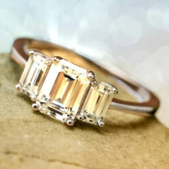 Charles & Colvard Moissanite Emerald Cut Three Stone Ring In White Gold