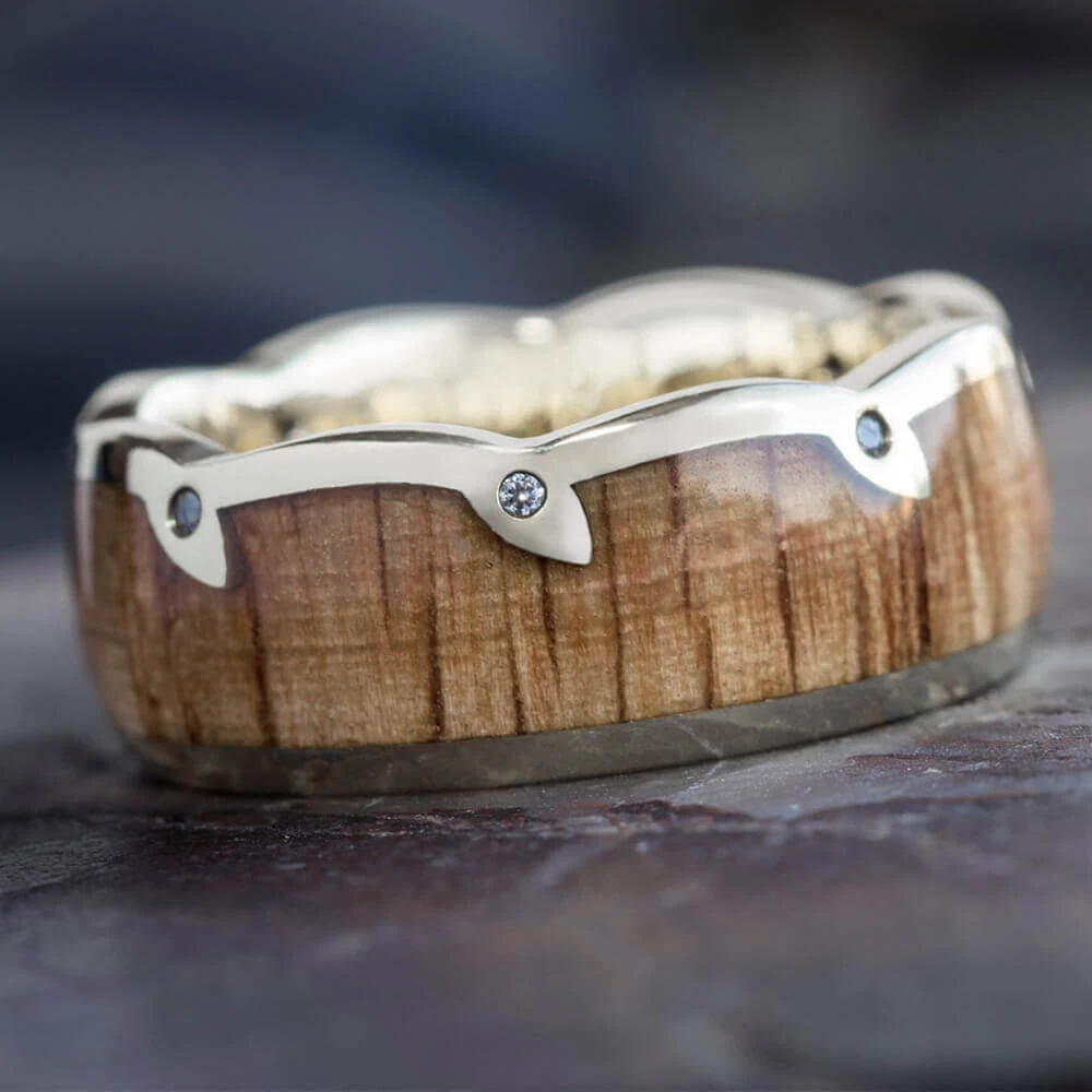 Oak Wood Wedding Band With Diamond Leaf Edge 3 Oak Wood Wedding Band With Diamond Leaf Edge