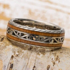 Cherry Wood And Gold Wedding Band With Vintage Design