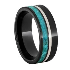 Southwestern Turquoise And Silver In Black Ceramic Ring