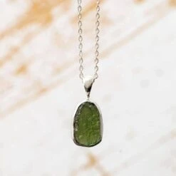 Silver Necklace With Rough Moldavite Stone