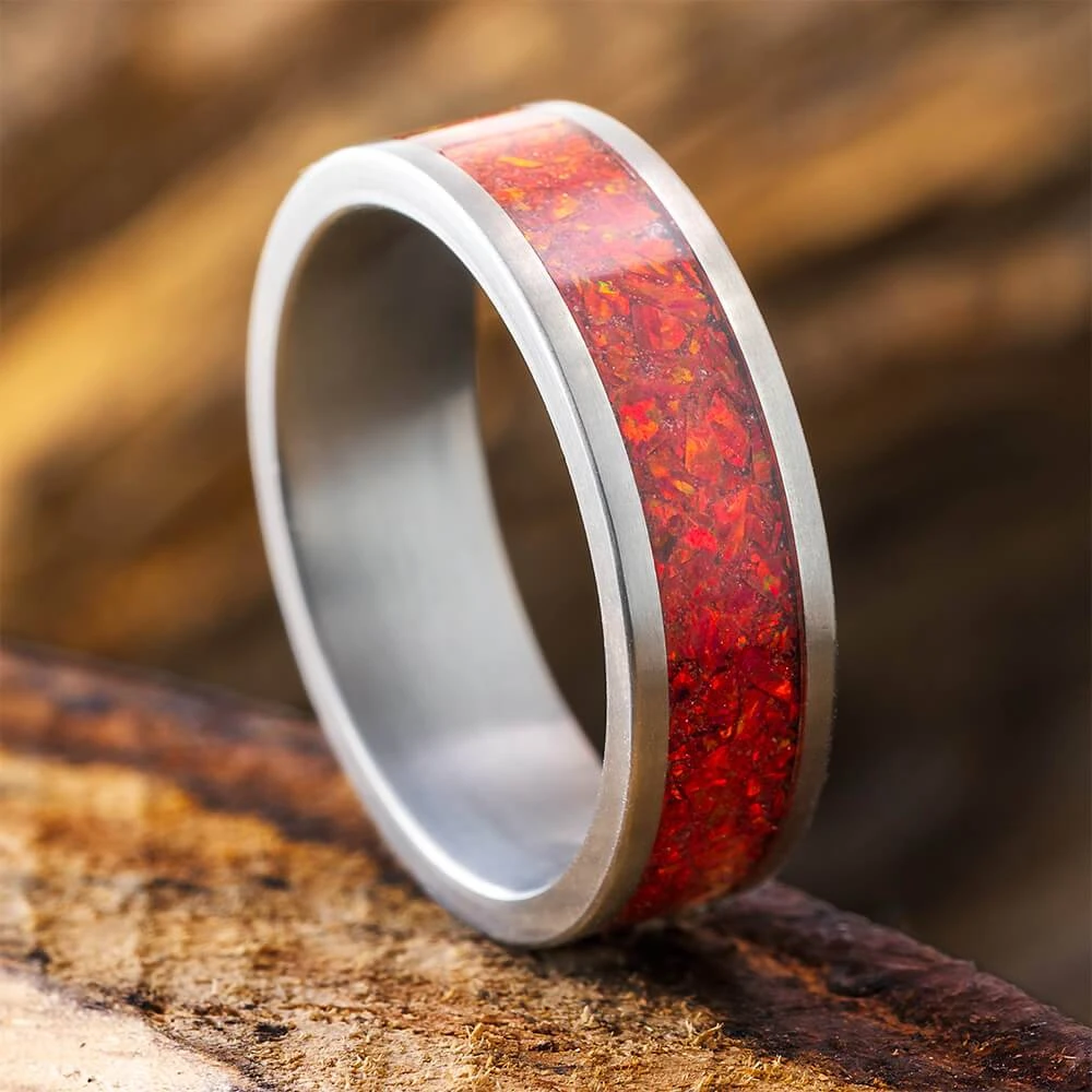 Vivid Red Synthetic Opal Wedding Band 3 Vivid Red Synthetic Opal Wedding Band