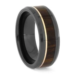 Wood And Black Ceramic Wedding Band With Rose Gold Pinstripe