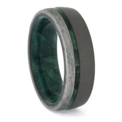 Green Wood And Meteorite Wedding Band In Sandblasted Titanium
