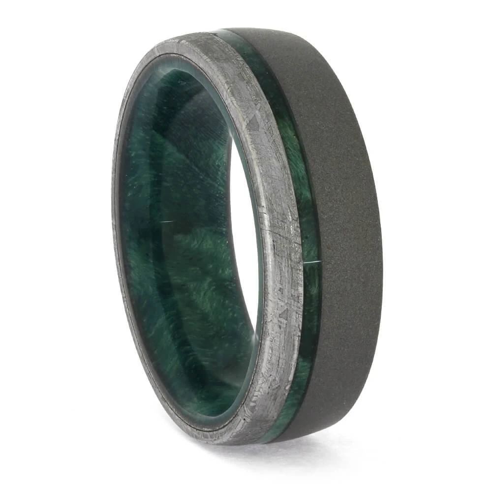 Green Wood And Meteorite Wedding Band In Sandblasted Titanium 3 Green Wood And Meteorite Wedding Band In Sandblasted Titanium