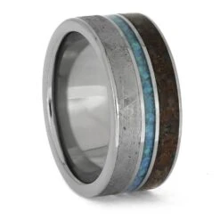 Titanium Ring With Gibeon Meteorite, Crushed Opal And Dinosaur Bone