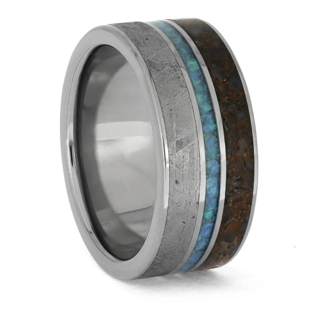 Titanium Ring With Gibeon Meteorite, Crushed Opal And Dinosaur Bone 3 Titanium Ring With Gibeon Meteorite, Crushed Opal And Dinosaur Bone