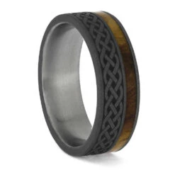 Celtic Knot Engraved Ring With Sandblasted Titanium And Olive Wood