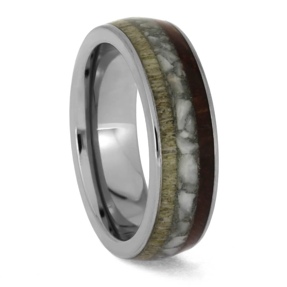 Deer Antler, Amboyna Wood, And Stone Wedding Band In Titanium 3 Deer Antler, Amboyna Wood, And Stone Wedding Band In Titanium