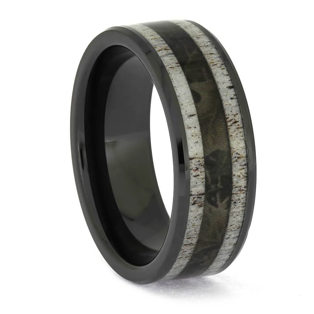 Men's Deer Antler Wedding Band With Camo In Black Ceramic 3 Men's Deer Antler Wedding Band With Camo In Black Ceramic