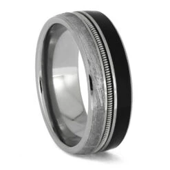 Meteorite And Vinyl Titanium Ring With Guitar String Inlay