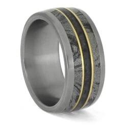 Crushed Sapphire And Mokume Ring With Gold Pinstripes