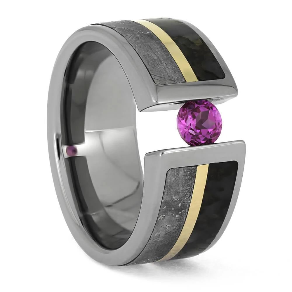 Glimmering Pink Sapphire Bordered By Meteorite And Dinosaur Bone 3 Glimmering Pink Sapphire Bordered By Meteorite And Dinosaur Bone