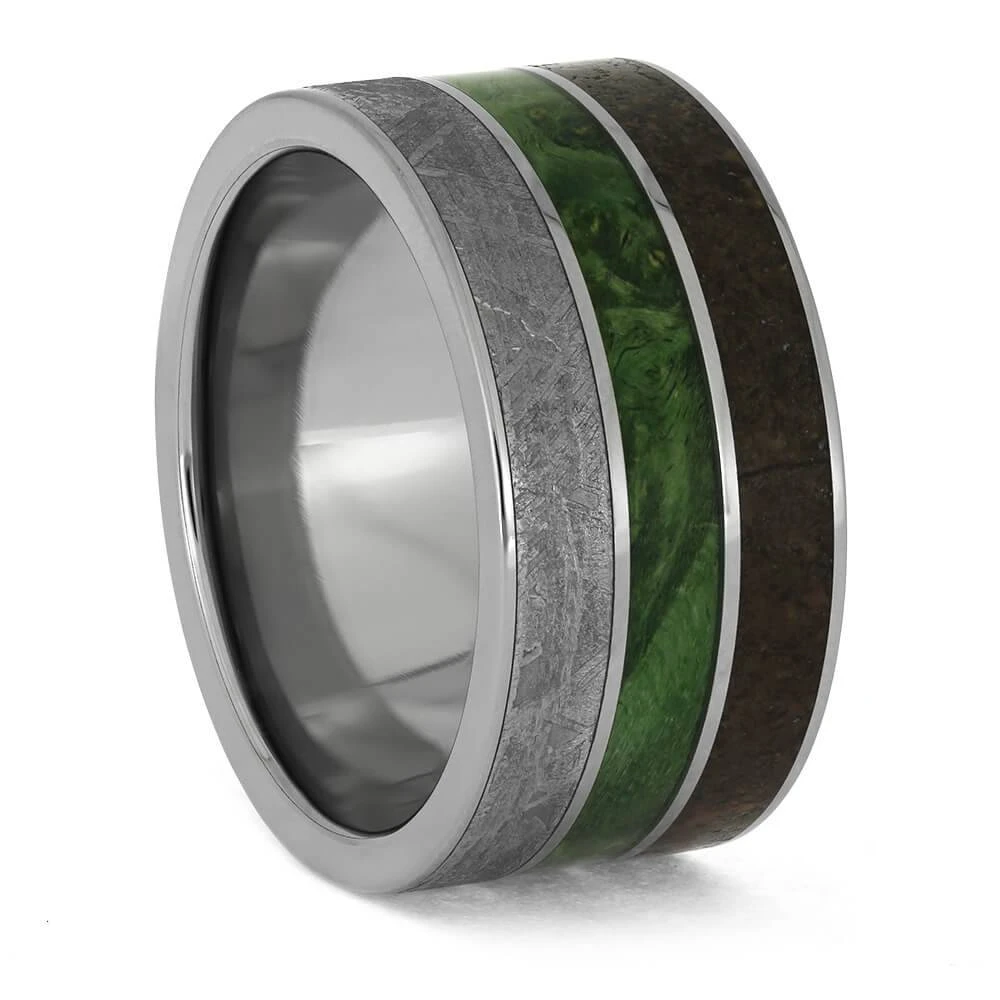 Brilliant Green Wood Ring With Dinosaur Bone And Meteorite 3 Brilliant Green Wood Ring With Dinosaur Bone And Meteorite