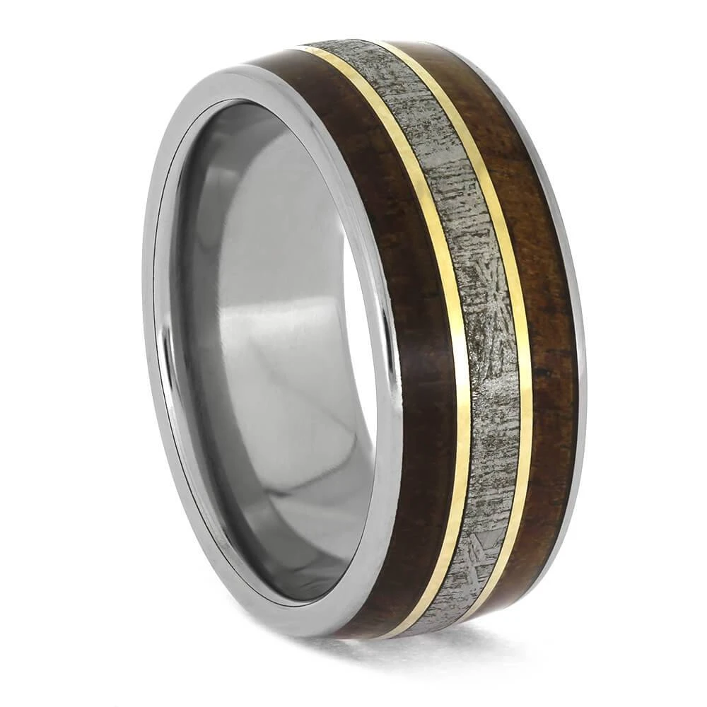 Masculine Meteorite And Wood Ring With Yellow Gold Accents 3 Masculine Meteorite And Wood Ring With Yellow Gold Accents
