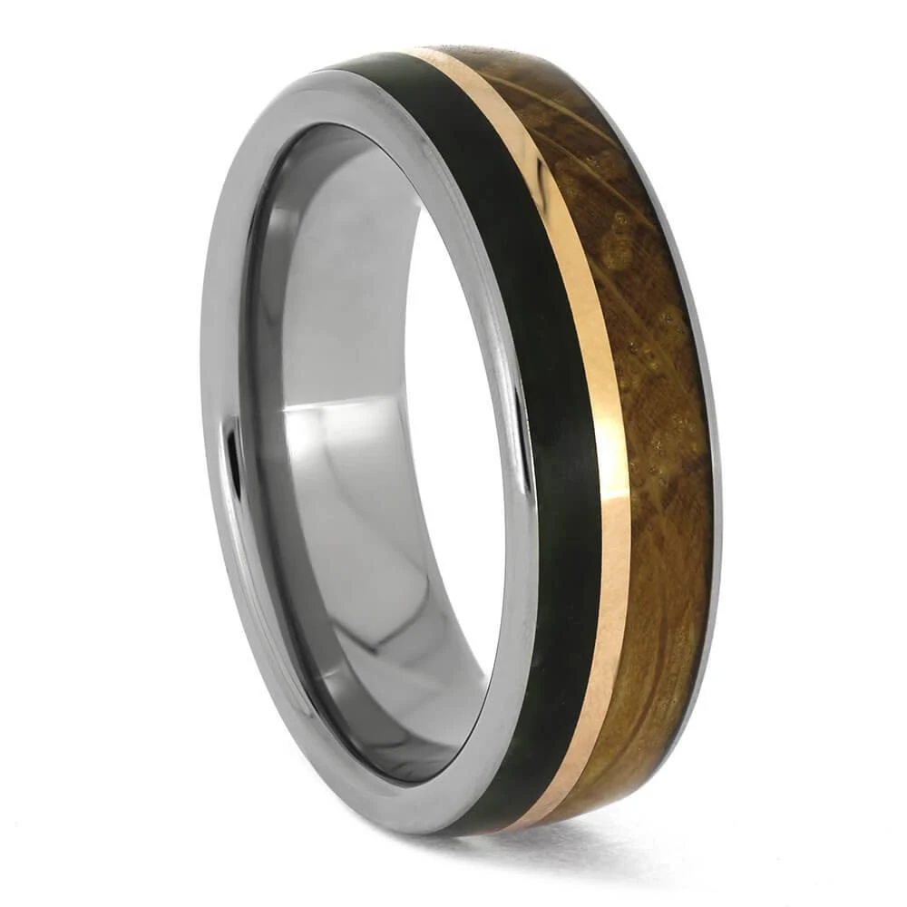 Jade And Whiskey Barrel Wood Ring With Rose Gold Accent 3 Jade And Whiskey Barrel Wood Ring With Rose Gold Accent