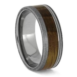 Meteorite And Guitar String Ring With Wood Inlay