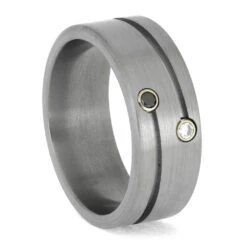 Yinyang Diamond Ring With Grooved Pinstripes, Titanium Band