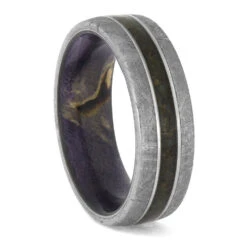 Meteorite And Dinosaur Bone Ring With Purple Wood Sleeve And Platinum Pinstripes