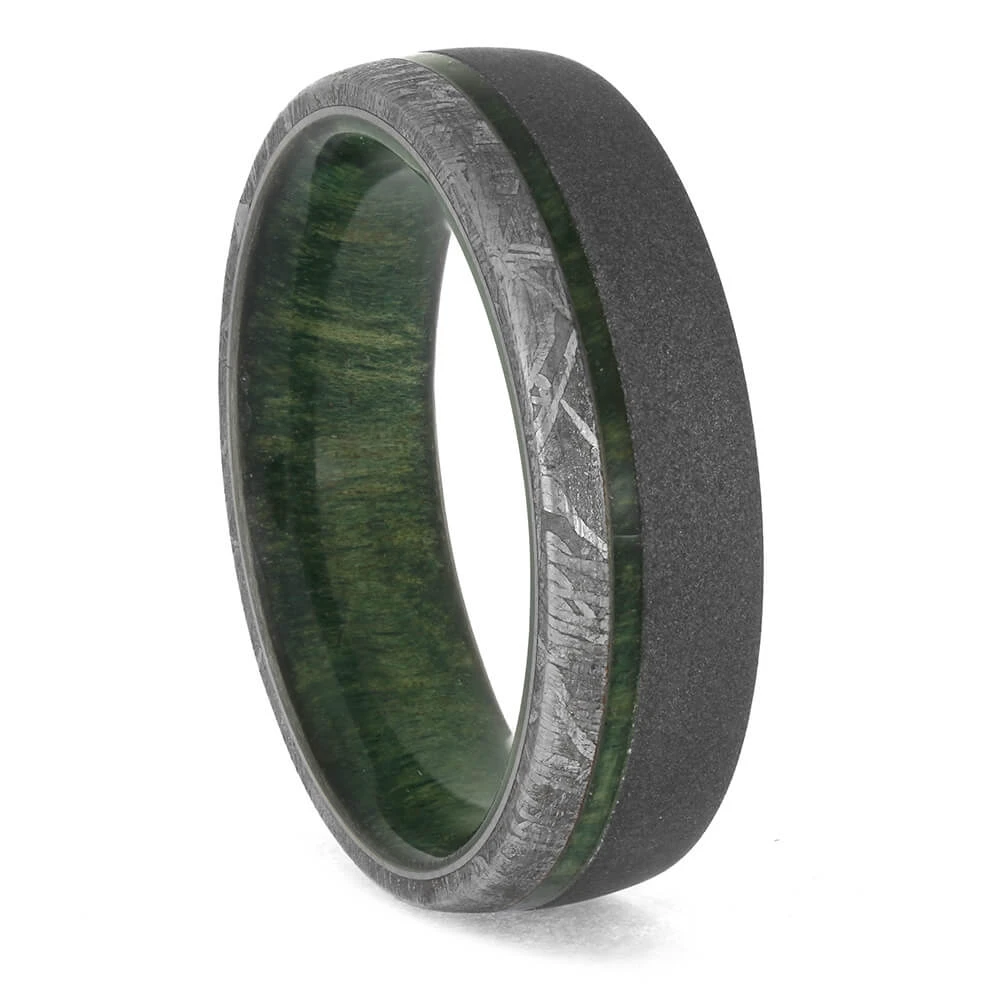 Green Wood And Meteorite Wedding Band In Sandblasted Titanium 5 Green Wood And Meteorite Wedding Band In Sandblasted Titanium - Image 3