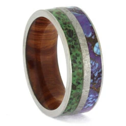 Glow In The Dark Ring With Dinosaur Bone, Meteorite, And Wood