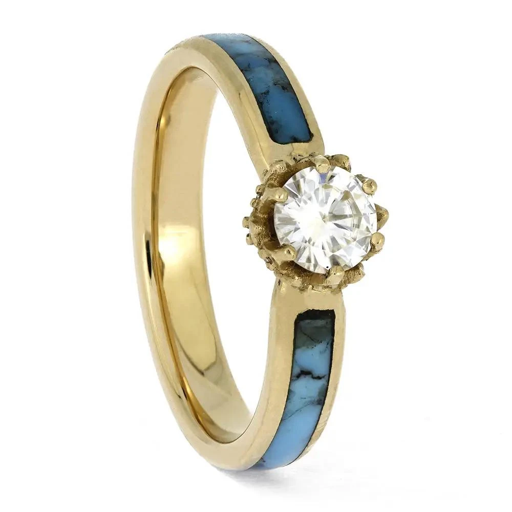 Turquoise Engagement Ring In Yellow Gold With Moissanite Center Stone - Size 10 3 Turquoise Engagement Ring In Yellow Gold With Moissanite Center Stone - Size 10