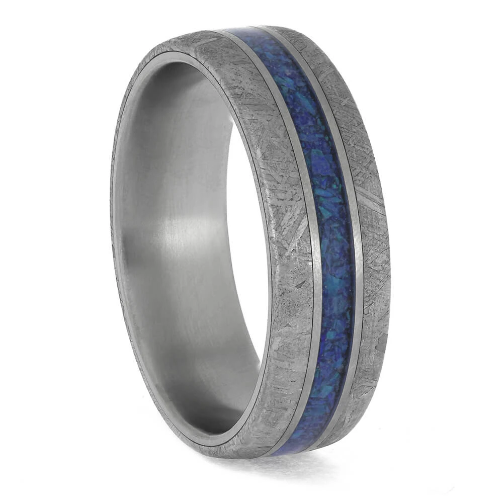 Blue Opal And Meteorite Overlaid On A Titanium Band 3 Blue Opal And Meteorite Overlaid On A Titanium Band