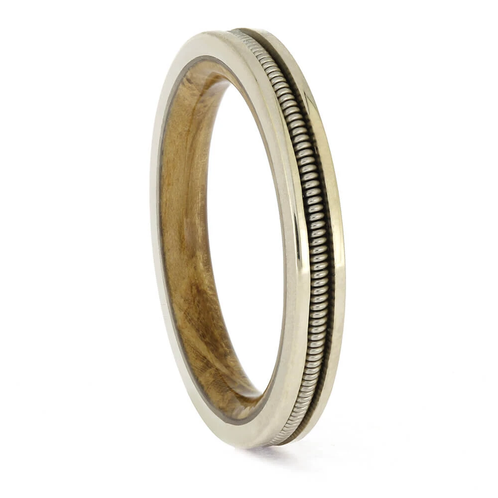 Narrow Guitar String Ring With White Gold And Wood Sleeve 3 Narrow Guitar String Ring With White Gold And Wood Sleeve