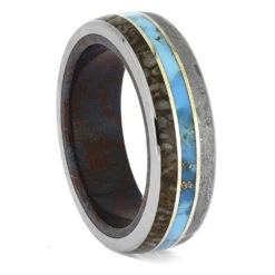 Gold-Accented Ring With Dinosaur Bone, Meteorite, And Turquoise Inlays