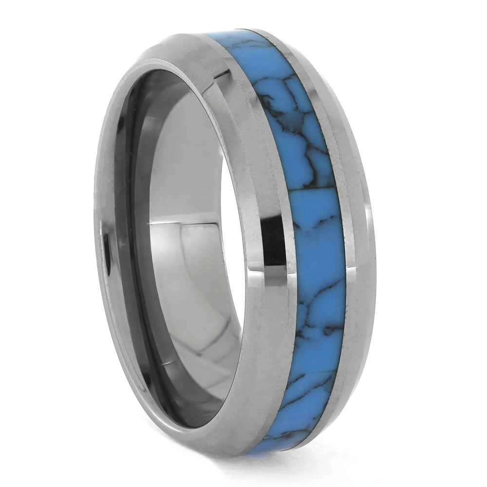 Beveled Tungsten Wedding Band With Turquoise 3 Beveled Tungsten Wedding Band With Turquoise