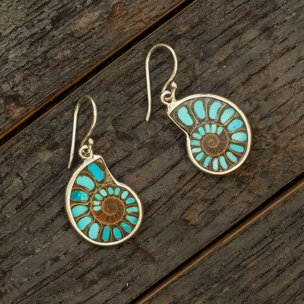 Turquoise Inlaid In Matched Ammonite Fossil Earrings, In Stock 3 Turquoise Inlaid In Matched Ammonite Fossil Earrings, In Stock