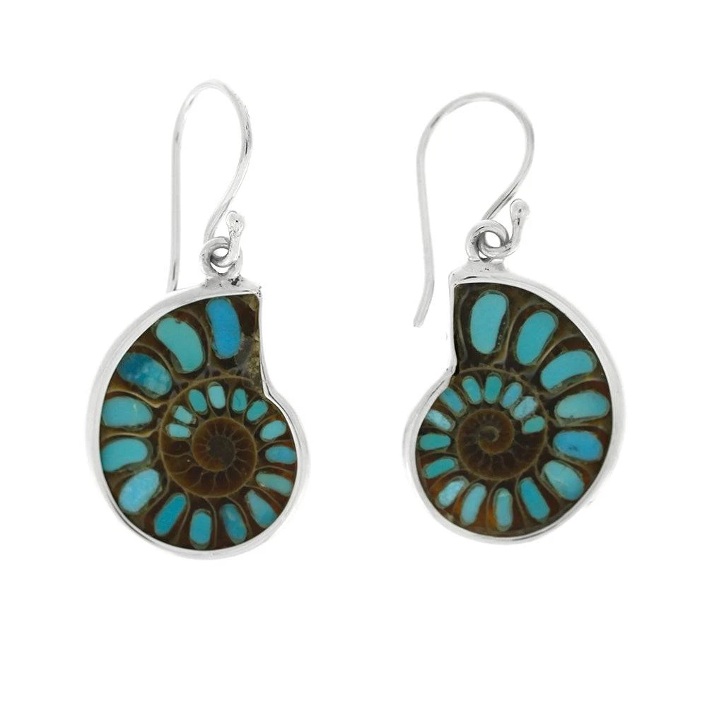 Turquoise Inlaid In Matched Ammonite Fossil Earrings, In Stock 4 Turquoise Inlaid In Matched Ammonite Fossil Earrings, In Stock - Image 2