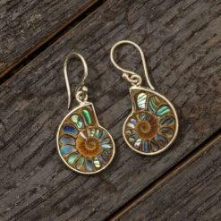 Abalone-Inlaid Ammonite Earrings Set In Sterling Silver