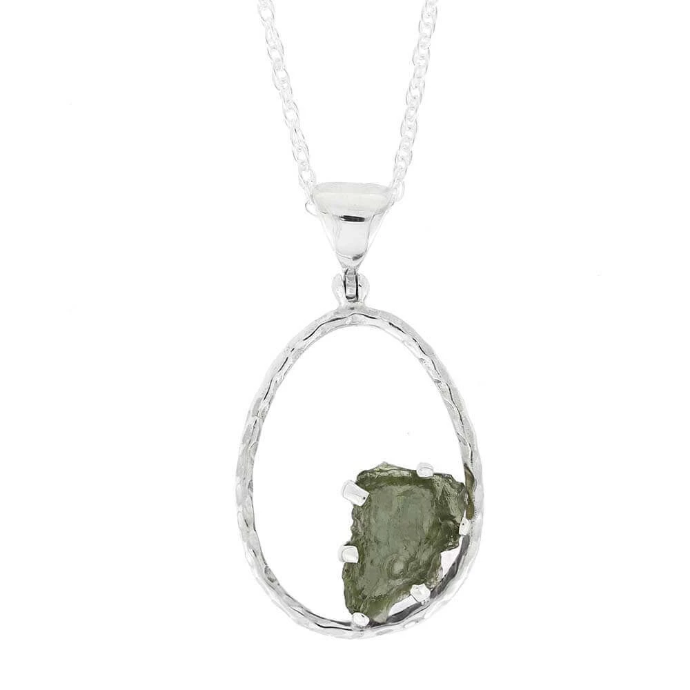Hammered Silver Hoop Necklace With Raw Moldavite Accent 4 Hammered Silver Hoop Necklace With Raw Moldavite Accent - Image 2