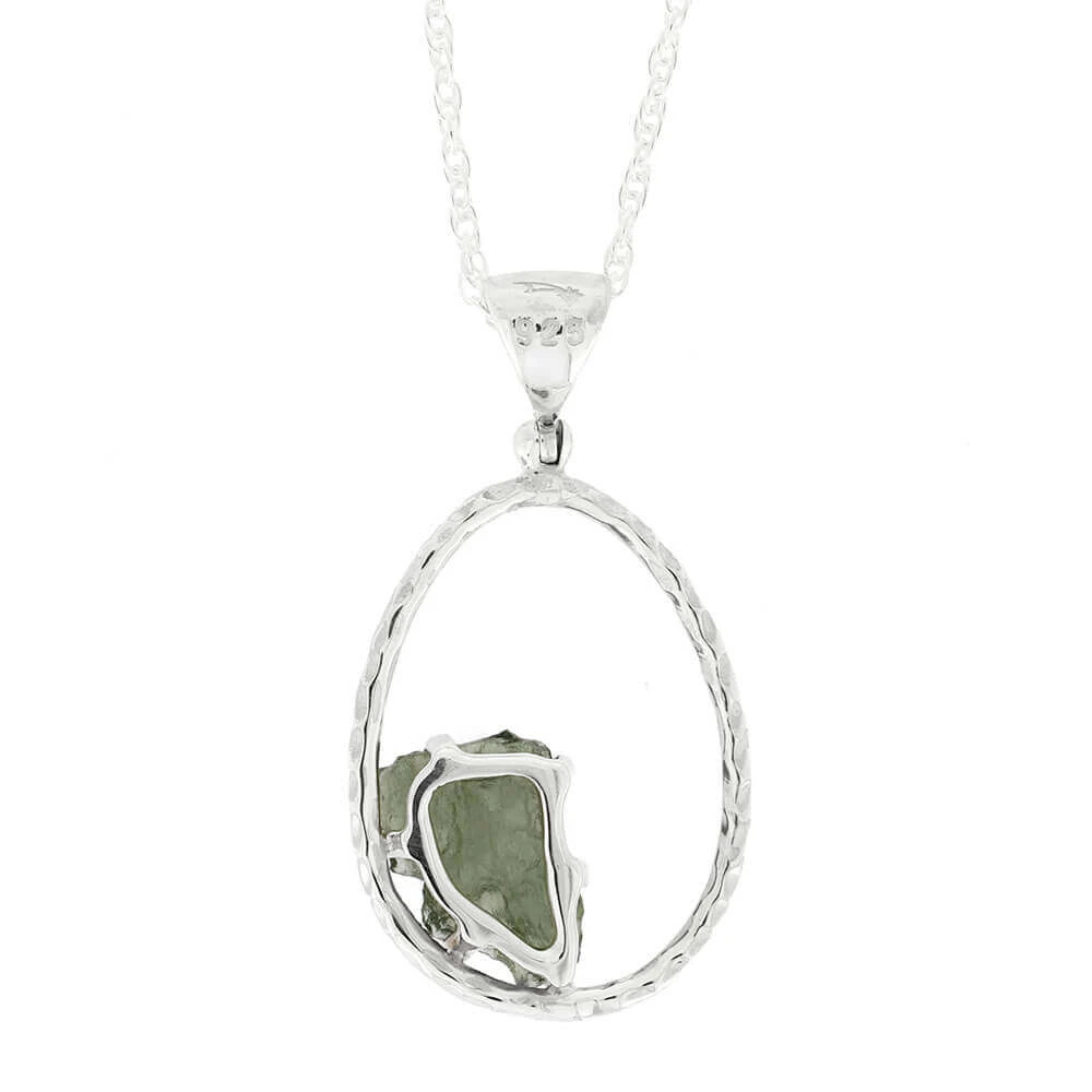 Hammered Silver Hoop Necklace With Raw Moldavite Accent 5 Hammered Silver Hoop Necklace With Raw Moldavite Accent - Image 3