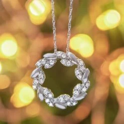 Diamond Circle Leaf Pendant Necklace