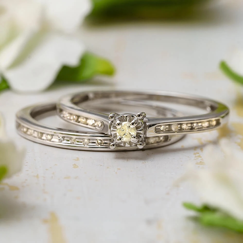 Diamond Wedding Ring Set, Accented Engagement Ring & Band 3 Diamond Wedding Ring Set, Accented Engagement Ring & Band
