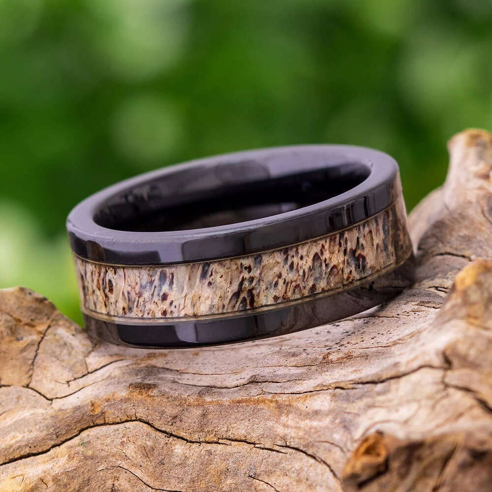 Antler & Black Ceramic Men's Wedding Band 3 Antler & Black Ceramic Men's Wedding Band