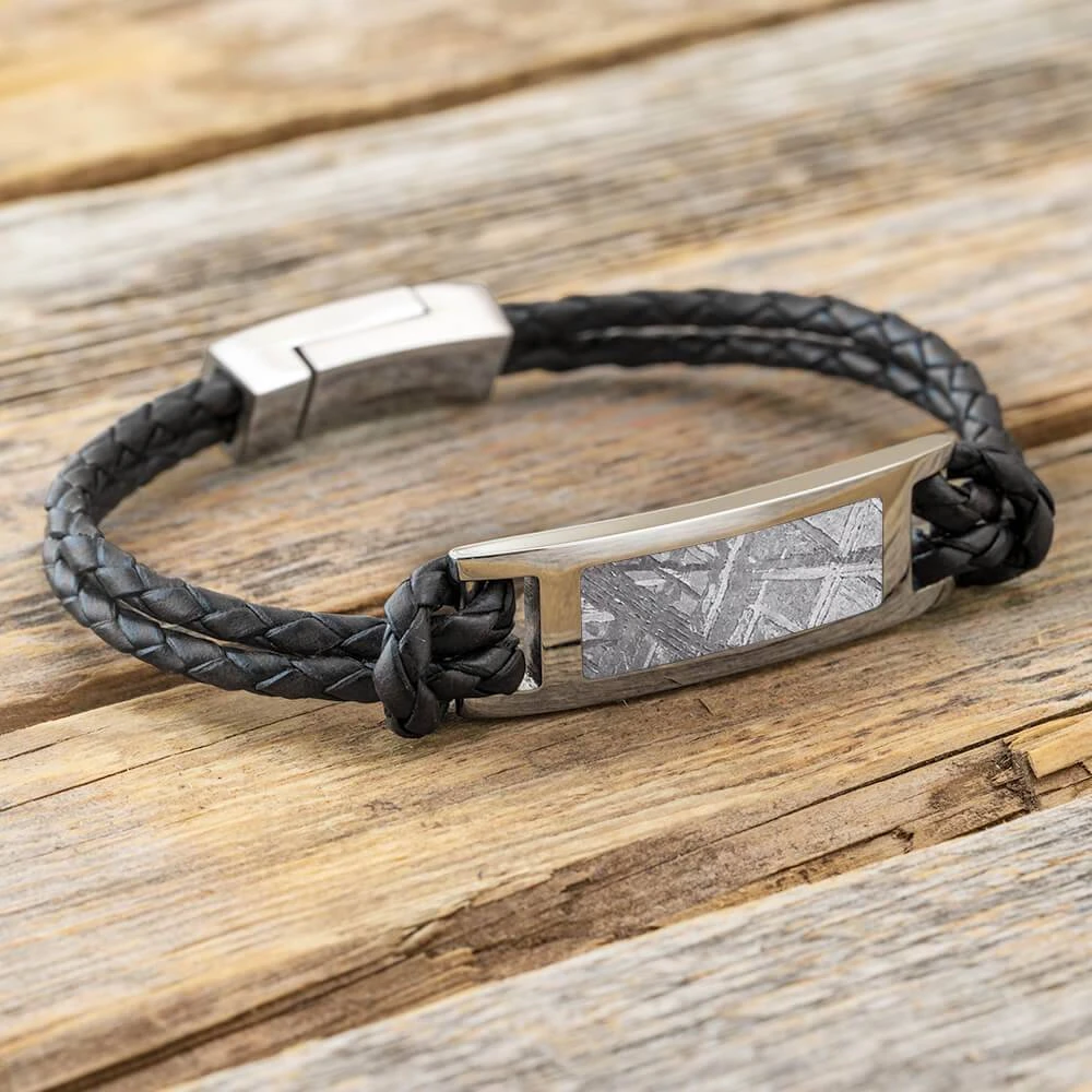 Meteorite Bracelet With Braided Leather Band 3 Meteorite Bracelet With Braided Leather Band