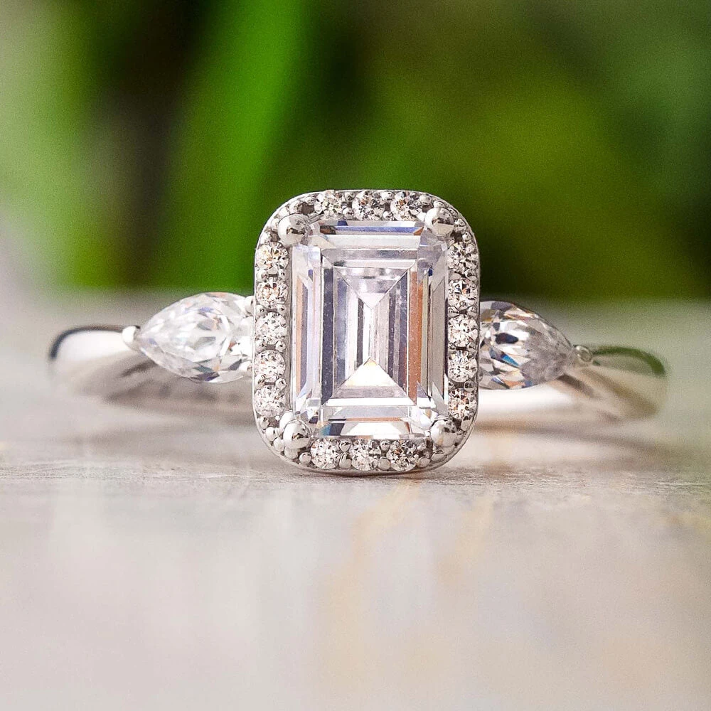 Emerald Cut Moissanite Halo Engagement Ring 3 Emerald Cut Moissanite Halo Engagement Ring