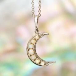Natural White Opal Cabochon Crescent Moon Necklace