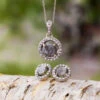 Halo Diamond & Meteorite Gift Set, Matching Earrings And Necklace -Johan Jewelry Shop E 1669 1672 Group Cropped 3