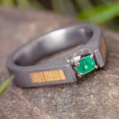 Emerald Ring With Oak Wood Panels And A Sandblasted Titanium-1836