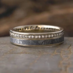 Diamond Eternity Wedding Band With Meteorite In Solid Gold