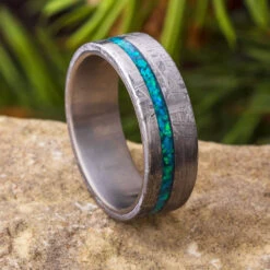 Gibeon Meteorite Wedding Band With Crushed Opal Strip, Titanium Ring -Johan Jewelry Shop E 2488 Art Cropped 3