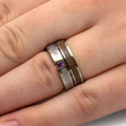 Amethyst Wedding Ring With Dinosaur Bone, Meteorite And Purple Wood 9 Amethyst Wedding Ring With Dinosaur Bone, Meteorite And Purple Wood -Johan Jewelry Shop E 2517 WG 5