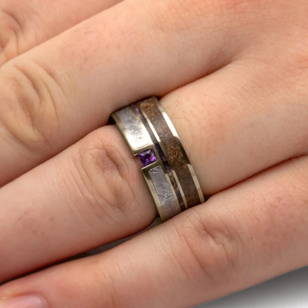 Amethyst Wedding Ring With Dinosaur Bone, Meteorite And Purple Wood 5 Amethyst Wedding Ring With Dinosaur Bone, Meteorite And Purple Wood - Image 3