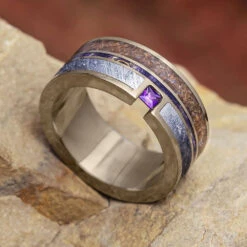 Amethyst Wedding Ring With Dinosaur Bone, Meteorite And Purple Wood 10 Amethyst Wedding Ring With Dinosaur Bone, Meteorite And Purple Wood -Johan Jewelry Shop E 2517 WG 6