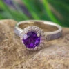 Amethyst Engagement Ring With Moissanite Halo & Meteorite