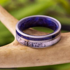 Antler Wedding Band With Blue Box Elder Burl Wood